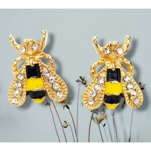 BEE Gold Black Yellow Enamel BEES Rhinestone Wings Eyes
